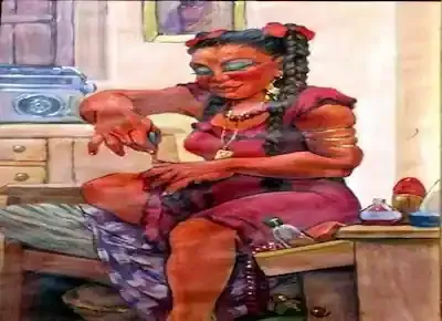 رسم بالألوان لفتاة أو سيدة شعبية من مصر وهي تجلس على سريرها وتضع طلاء أظافر أو مونيكير