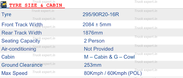 Ashok leyland 2820 -6x4-MAV Series - Tyre size The Ashok leyland 2820 6x4 Series comes with tyre size of 295/90 R20-16PR.  Tyre Size     - 295/90 R20   Ply Rating    -16PR .  Front Track  - 2084 ± 5mm Front Track  - 1876mm ,M cabin is available in 2820 6x4 chassis with an overall ground clearance of 273mm. The maximum speed attained is about 80kmph & The Air Conditioning option is not available in the cabin .This all wheelbase variants in leyland 2820 6x4 -MAV "Multi Axle Vehicle" comes with an cabin combinations of G- Cowl (Cabin has to be built from Type Approved Body Builder) & M-Cabin i.e. Economy Cabin. Please refer to the top of the page for detailed specifications.