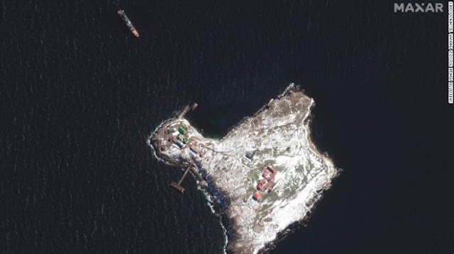  Damage to Snake Island, where Ukrainian troops defiantly rejected surrender, seen in satellite photo
