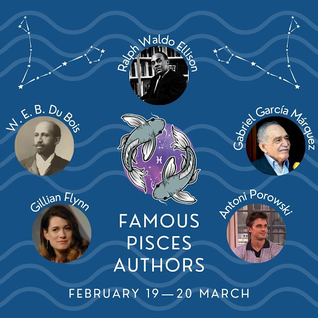 Two fish swim around the Pisces symbol surrounded by 5 famous Pisces authors.