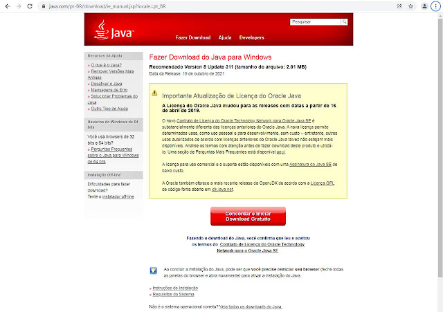 Página de download do Java
