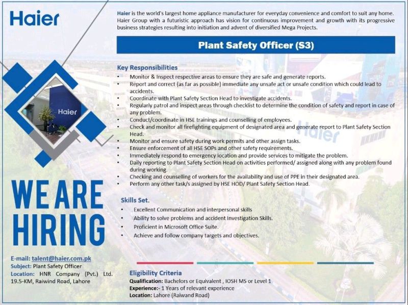 Haier Pakistan Jobs Plant Safety Officer(S3)