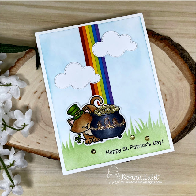 Newton's Pot of Gold stamp set, Newton's Nook Designs, Happy St. Patrick's Day card, copic coloring, rainbow, Hills and Grass, Sky Scene Builder Die Set