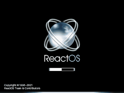 Czarne tło z logiem ReactOS po środku i paskiem ładowania