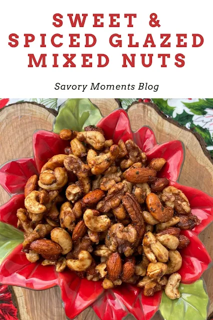 Serving bowl filled with finished sweet and spiced glazed mixed nuts.