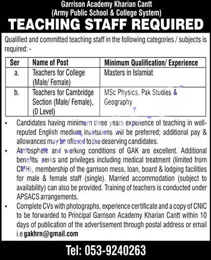 Garrison Academy Kharian Cantt Latest jobs 2021