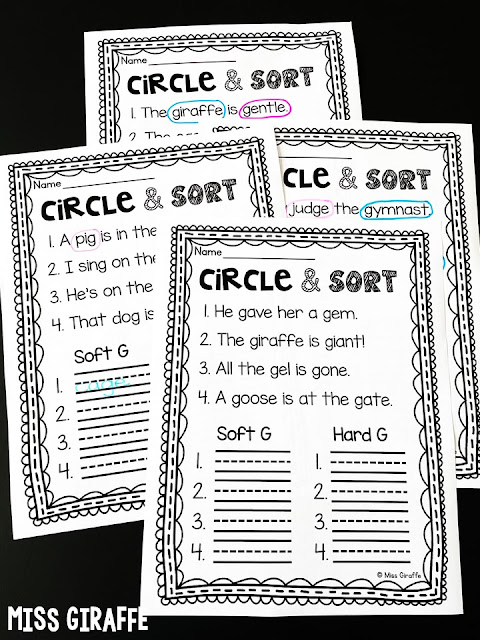 Soft G practice worksheets for 1st and 2nd grade phonics reading activities