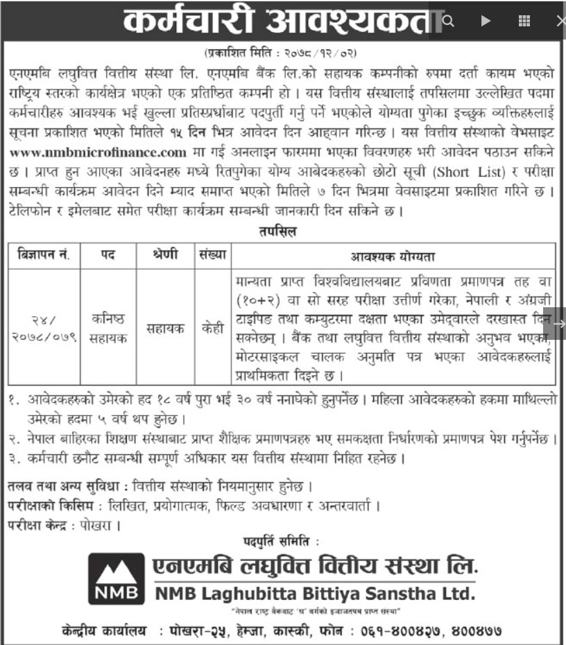 Job Vacancy in NMB Laghubitta Bittiya Sanstha