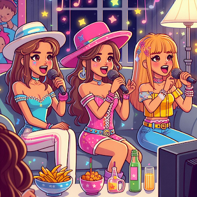 girls dressed as pop stars singing while watching MTV