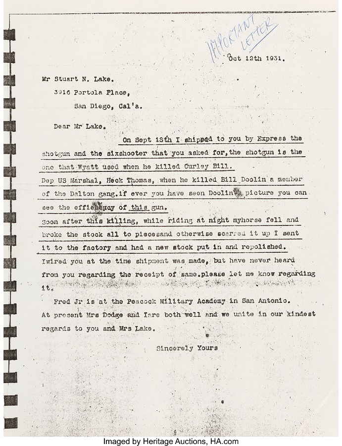~ 11. Letter to Stuart Lake from Capt. Dodge reguarding shotgun and pistol. Oct. 12, 1931