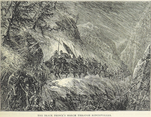 Иллюстрация девятнадцатого века: Эдвард марширует через перевал Ронсевальес со своей армией.