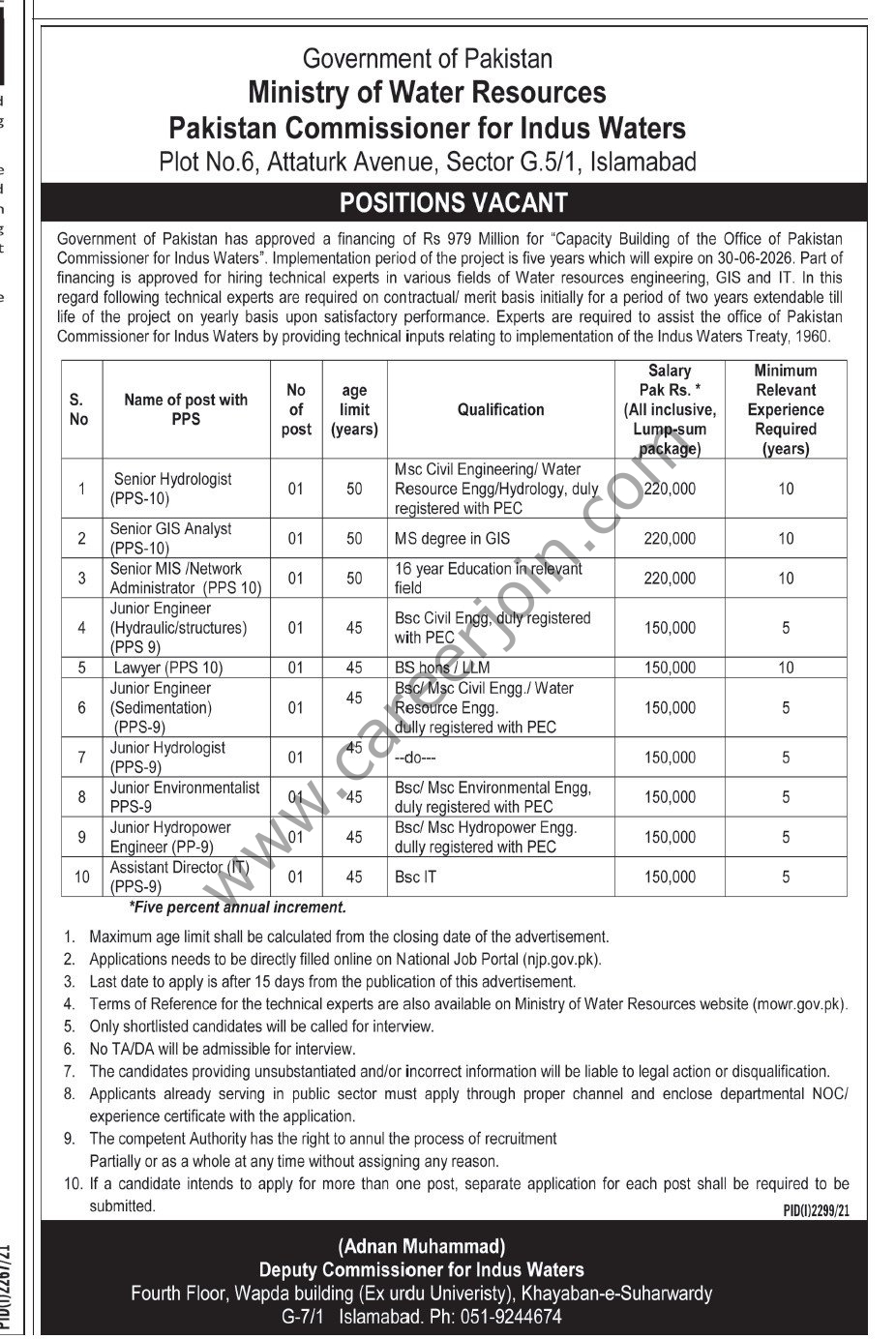 Ministry of Water Resources Pakistan Commissioner for Indus Waters Jobs October 2021