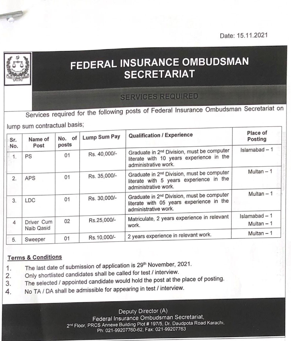 Federal Insurance Ombudsman Secretariat Jobs 2021 Pakistan Latest