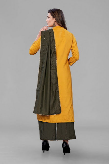 Mustard Embroidered Kurta With Palazzo and Dupatta