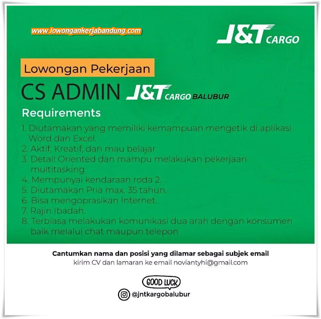 Loker Bandung CS Admin J&T Cargo Balubur