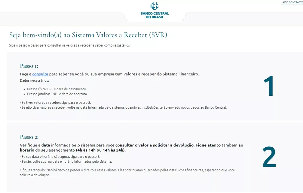 Tela do site do Sistema de Valores a Receber, do Banco Central — Foto: Reprodução