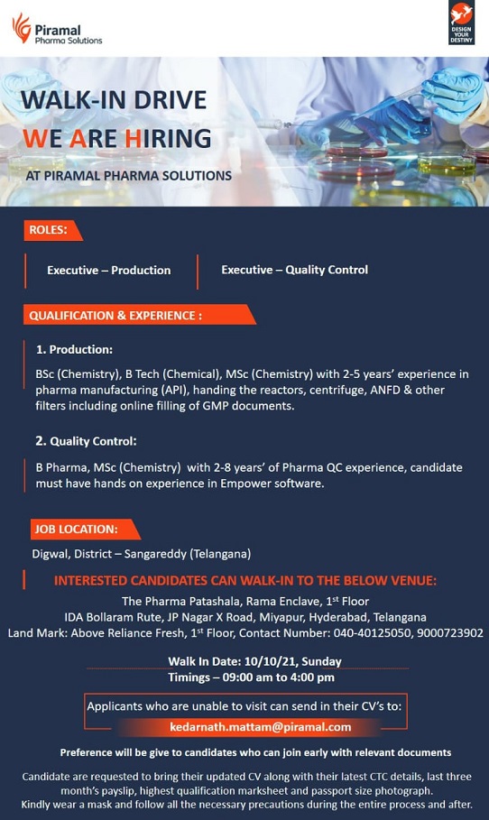 Piramal Pharma | Walk-in for Production/QC on 10th Oct 2021