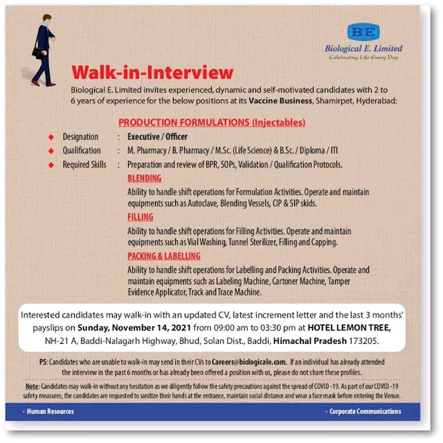 Biological E | Walk-in interview for Production at Baddi on 14th Nov 2021