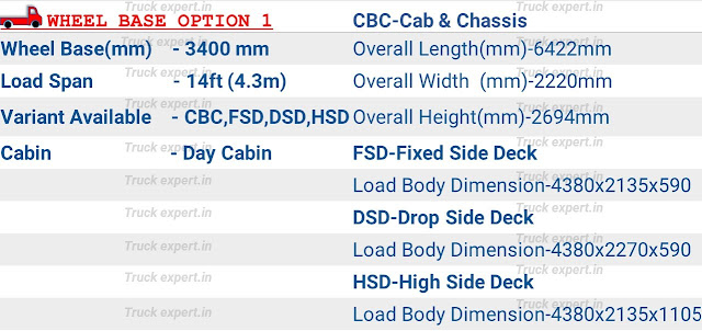 Ashok leyland Boss 1315 HB option 1-Ashok leyland Boss 1315 HB of 3400mm wheelbase have a load body span of 14ft  (4.3m), the overall dimensions of cab & chassis (chassis without load body) are mentioned above including its overall length-6422mm, overall height-2694mm, overall width- 2220mm, Turning circle Diameter of 11.76m & fuel tank capacity of 105-115Ltr & 185-208 Ltr.   This vehicle comes with built body options like fixed side deck, drop side deck & high side deck load body options with an internal cargo box / load body length of 4380mm & a width of 2135mm/ 2270mm/2135mm, the internal height of drop side deck, fixed side deck is 590mm & high side deck is 1105mm.please refer the top of the page for detailed specifications.