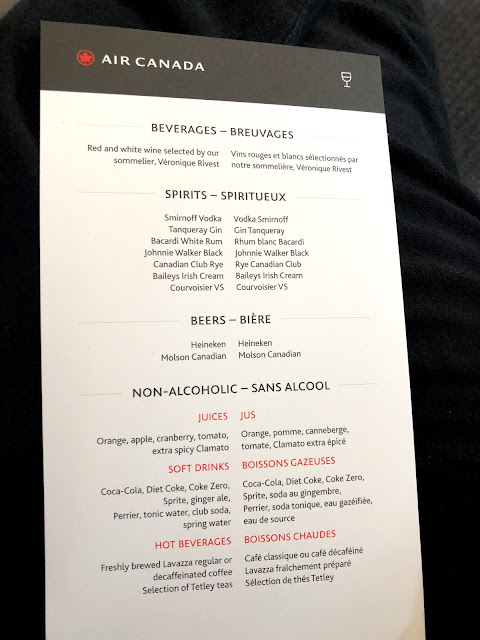 Air Canada business class beverage menu. Spirits are available, as well as beer, wine, and soft drinks.