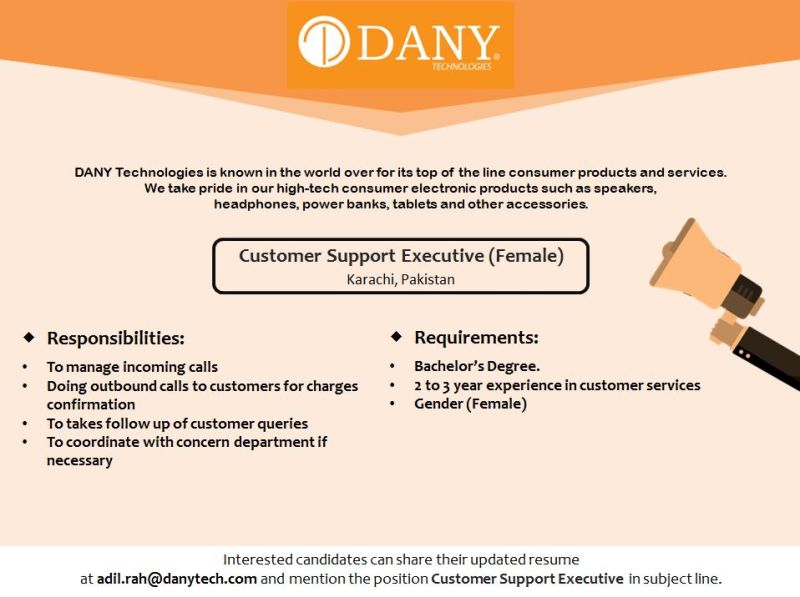 DANY Technologies Inc Jobs Customer Support Executive