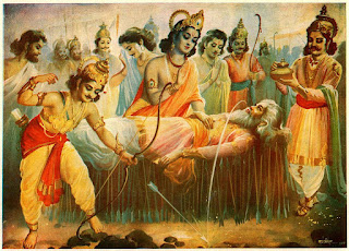 Bhishma lying on the bed of arrows, waiting for his death.