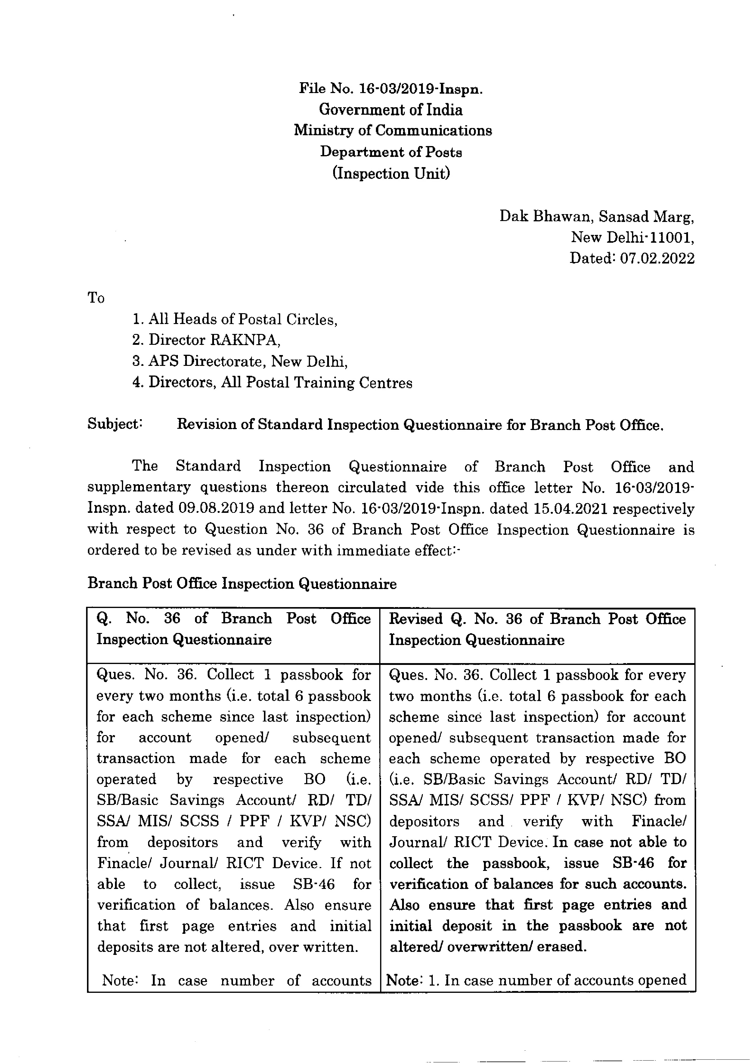 Revision of Standard Inspection Questionnaire for Branch Post Office (BO) | Dated 07.02.2022