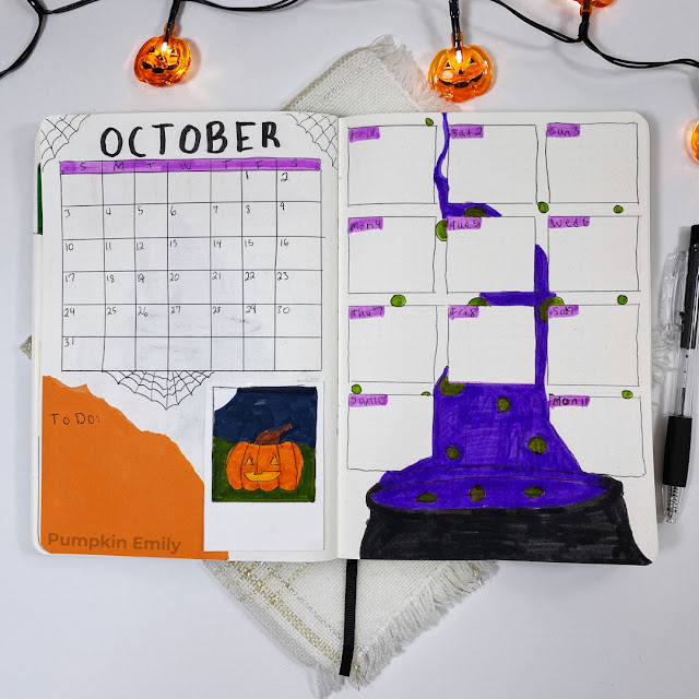 October bullet journal calendar and weekly spread with a cauldron, ghosts, spider webs and a pumpkin.