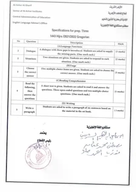 مواصفات امتحان اللغة الانجليزية الصف الثالث الثانوى الازهرى 2022