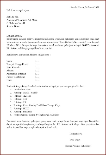 Contoh Application Letter Untuk Staff Produksi (Fresh Graduate) Berdasarkan Informasi Dari Website