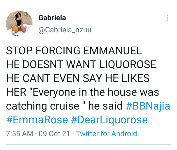 BBNaija: Stop forcing Emmanuel, he doesn't like Liquorose - Lady warns Liquorose's fans