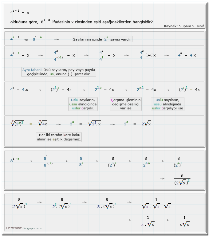 Örnek-soru- 17 » Üslü ifade cinsinden eşiti » Köklü ifadeler içeren denklemler (Kaynak: Supara 9. sınıf).
