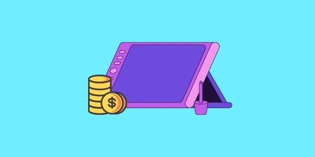 illustration of digital drawing tablet with stack of dollar coins