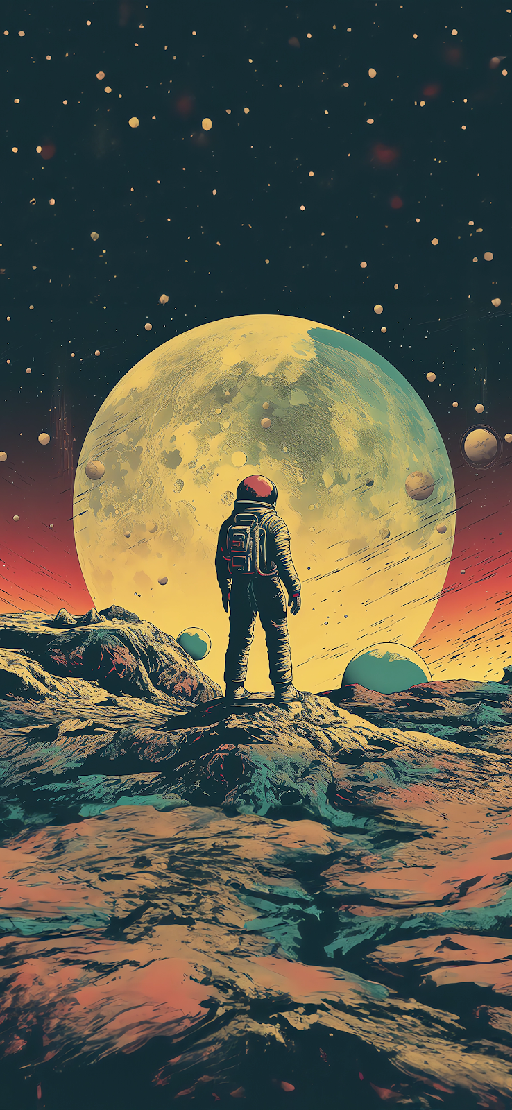 A vintage-style illustration of an astronaut standing on a rocky planet, gazing at a large moon and starry sky.