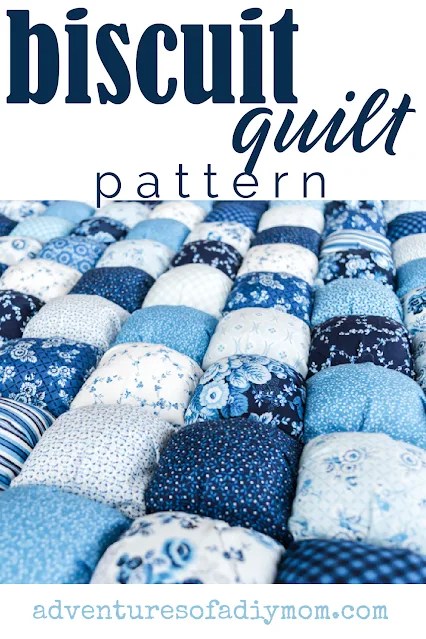 close up of a blue and white biscuit quilt with text overlay