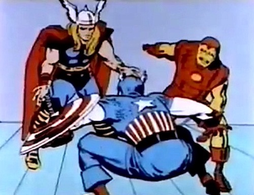 Captain America crouching in front of oddly positioned Thor and Iron Man