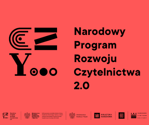 Na czerwonym tle, logo Narodowego Programu Rozwoju Czytelnictwa.