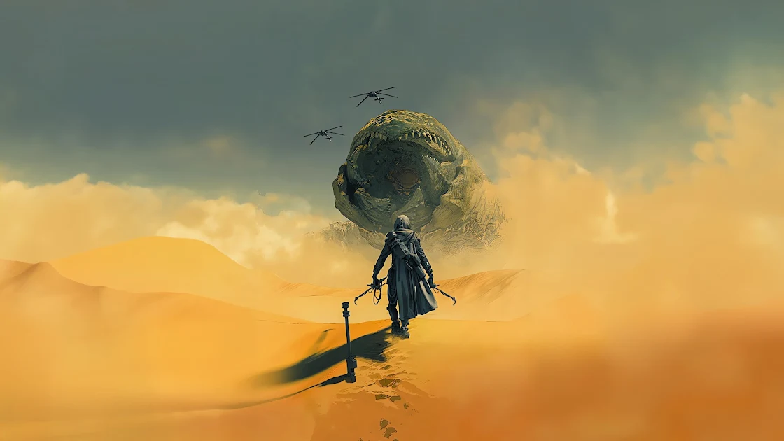 4k wallpaper illustration of dune desert and giant worm facing a warrior.