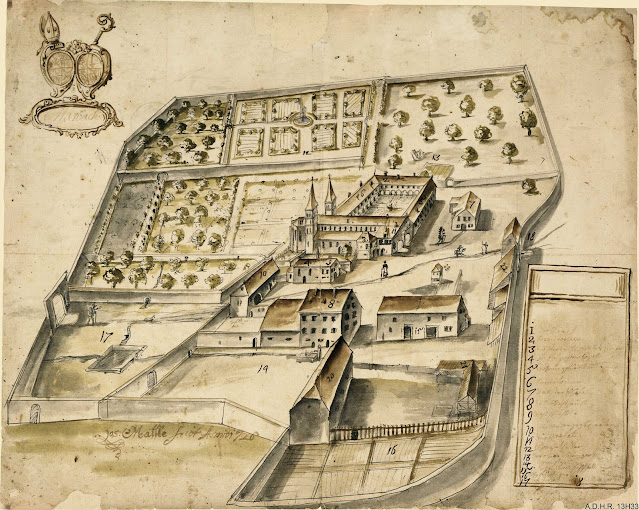 Abbaye de Marbach, splendeur passée — Dessin ms. réalisé en 1726 (fonds A.H.R. 13 H0 33)