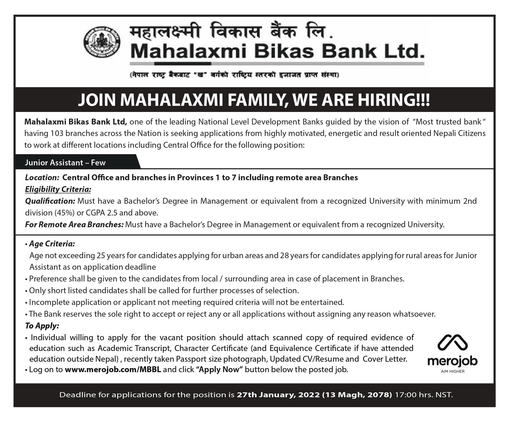 Mahalaxmi Bikas Bank Vacancy for Junior Assistant