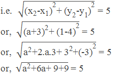 i.e.  √(〖"(" "x" _"2"  "-" "x" _"1"  ")" 〗^"2"  "+ " 〖"(" "y" _"2"  "-" "y" _"1"  ")" 〗^"2"  ) = 5 or,  √(〖"(a+3)" 〗^"2"  "+ " 〖"(1-4)" 〗^"2"  ) = 5 or,  √("a" ^"2"  "+2.a.3+ " "3" ^"2"  "+" 〖"(-3)" 〗^"2"  ) = 5 or,  √("a" ^"2"  "+6a+ 9+9" ) = 5