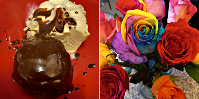 Brownie dessert and rainbow roses