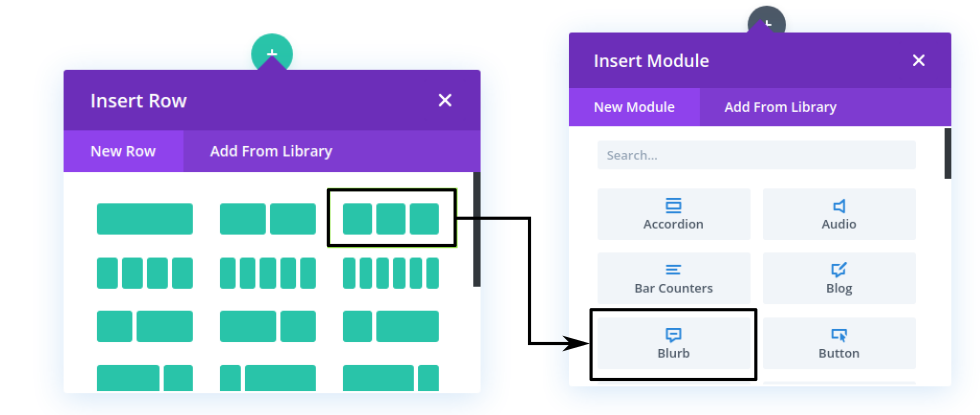 Pengaturan baris dan kolom serta modul Divi builder