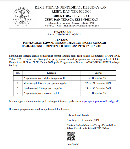 PENYESUAIAN JADWAL PENGUMUMAN DAN PROSES SANGGAH HASIL SELEKSI KOMPETENSI II GURU ASN-PPPK TAHUN 2021