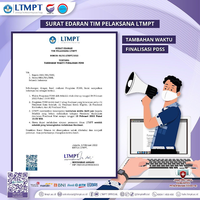 SURAT EDARAN TIM PELAKSANA LTMPT NOMOR: 02/SE.LTMPT/2022 TENTANG TAMBAHAN WAKTU FINALISASI PDSS