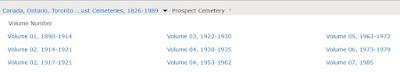 Screen capture of the image waypoints for Prospect Cemetery from the Canada, Ontario, Toronto Trust Cemeteries, 1826-1989 search page on FamilySearch.