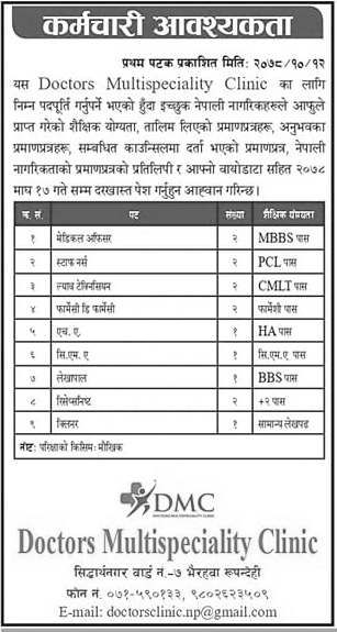 Doctors Multispeciality Clinic Vacancy for Various Post