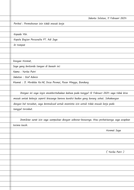 Contoh Surat Izin Tidak Masuk Kerja Tulis Tangan