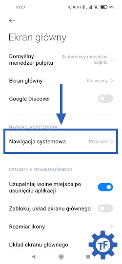 Sekcja ekran główny w ustawieniach