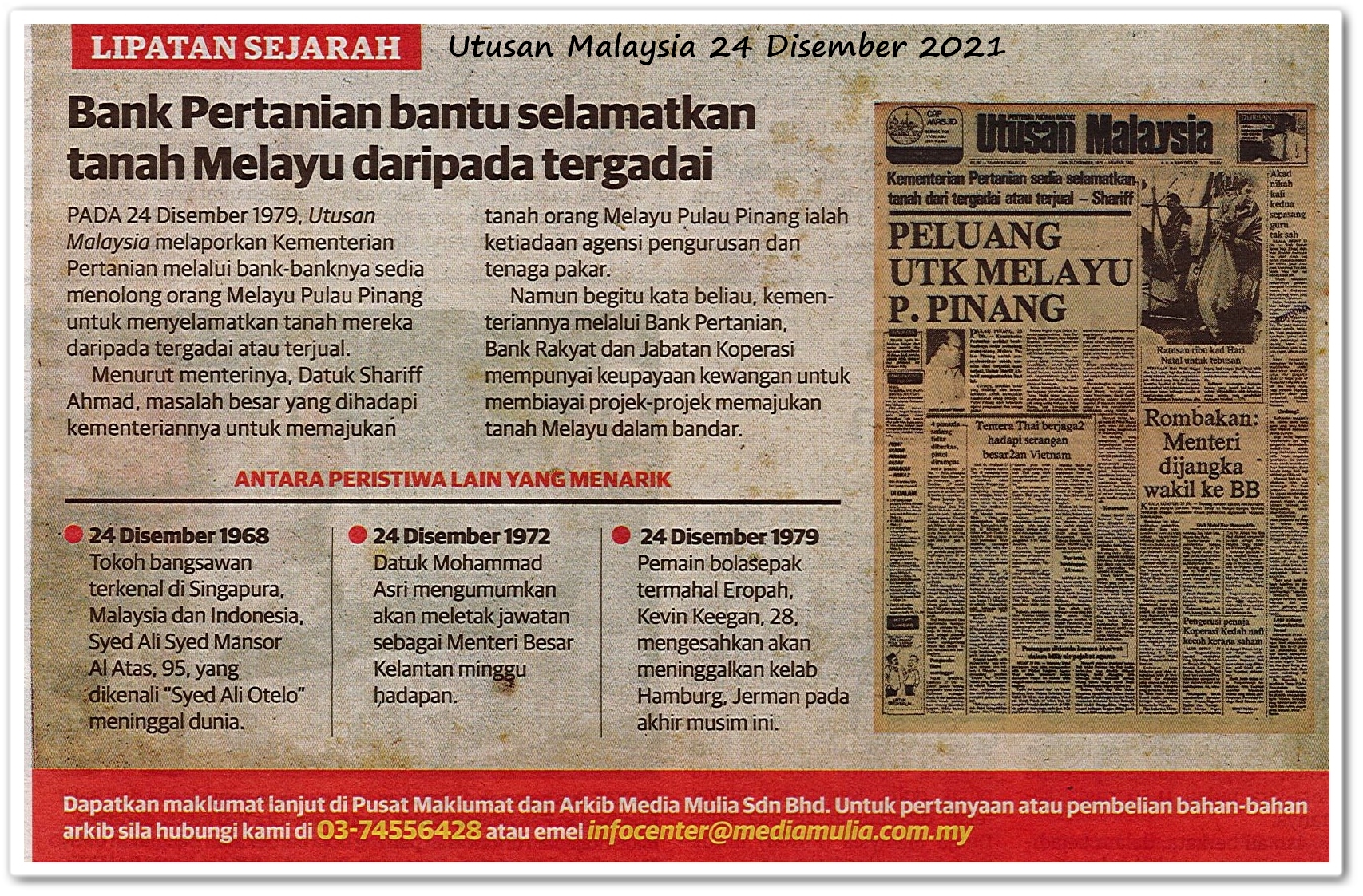 Lipatan sejarah 24 Disember - Keratan akhbar Utusan Malaysia 24 Disember 2021